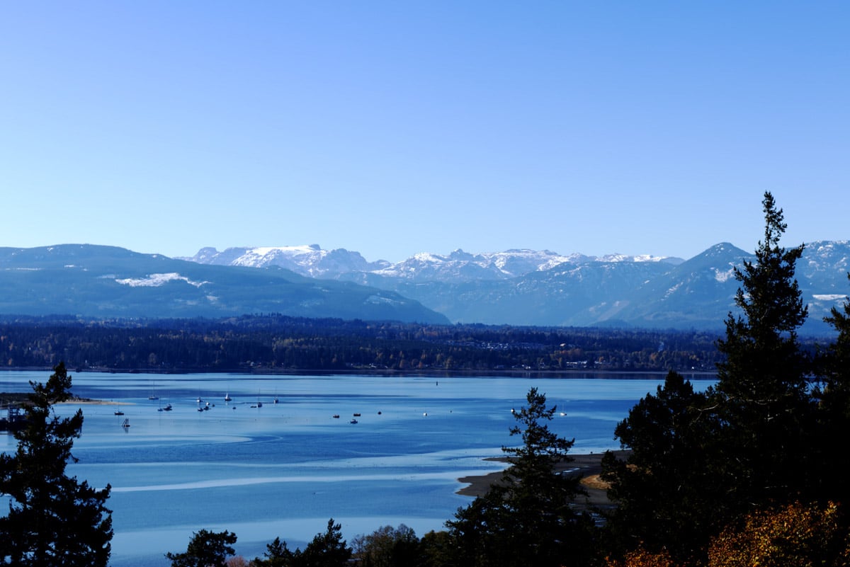 Serene lake with snowy mountains backdrop