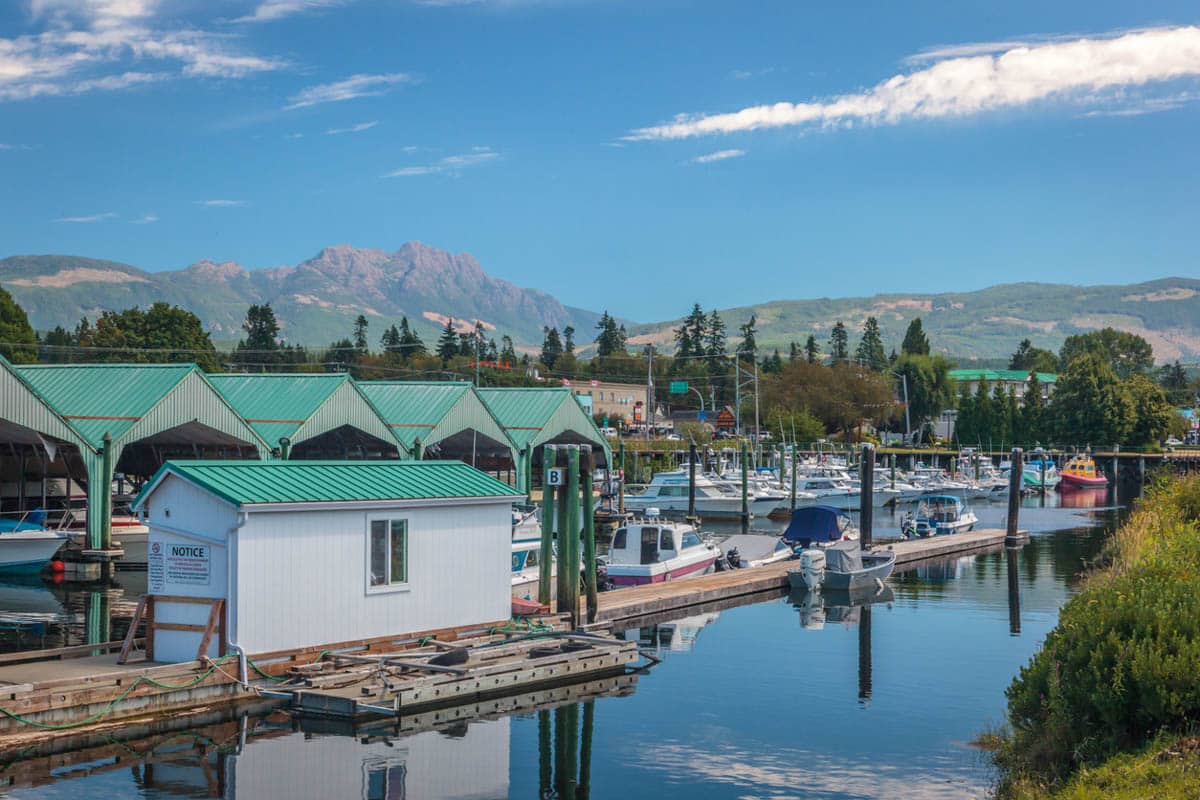 Marina with boats and mountains backdrop